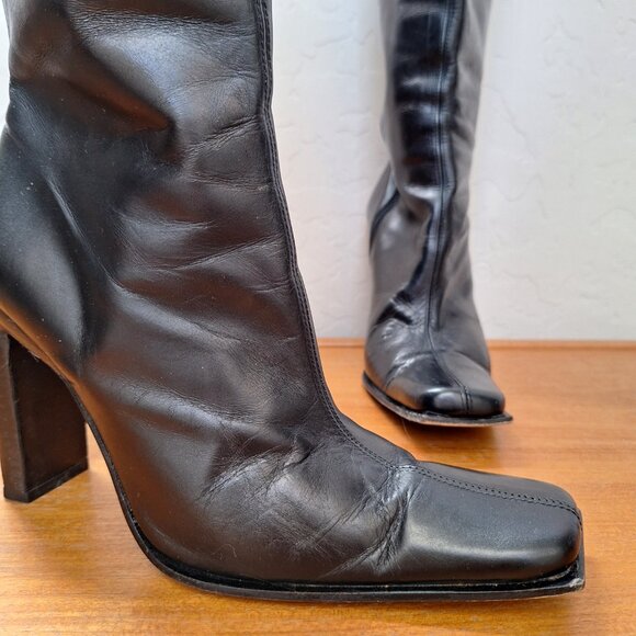 Y2K bebe Leather Heeled Boots Knee High Square Toe Edgy Sexy Whimsigoth Witchy - Picture 5 of 16
